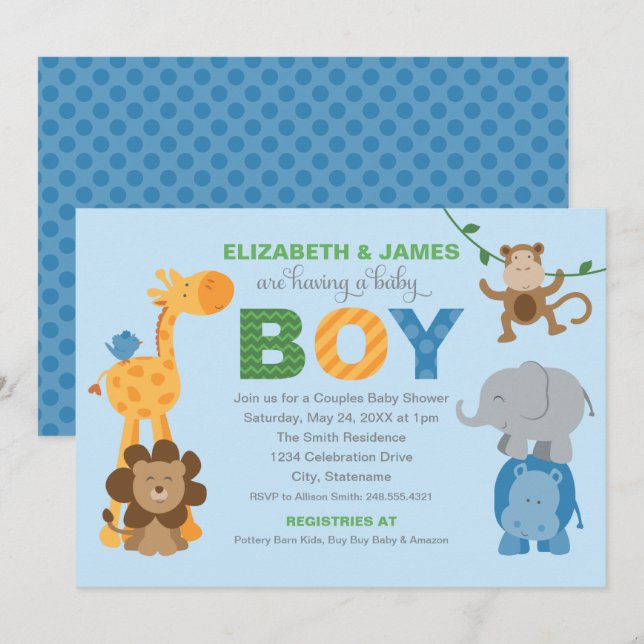 Invitation Baby shower Garçon de la jungle bleue moderne (Devant / Derrière)
