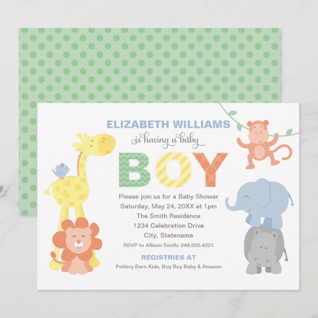 Invitation Baby shower Garçon de la jungle verte moderne (Devant / Derrière)