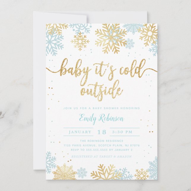 Invitation Baby shower Garçon d'hiver Blue and Gold Snowflake (Devant)