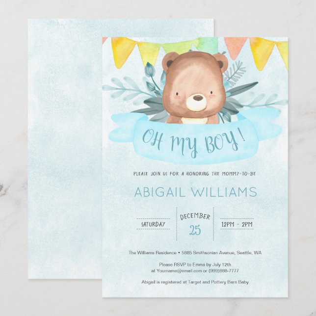 Invitation Baby shower Garçon d'ours à aquarelle bleu (Devant / Derrière)