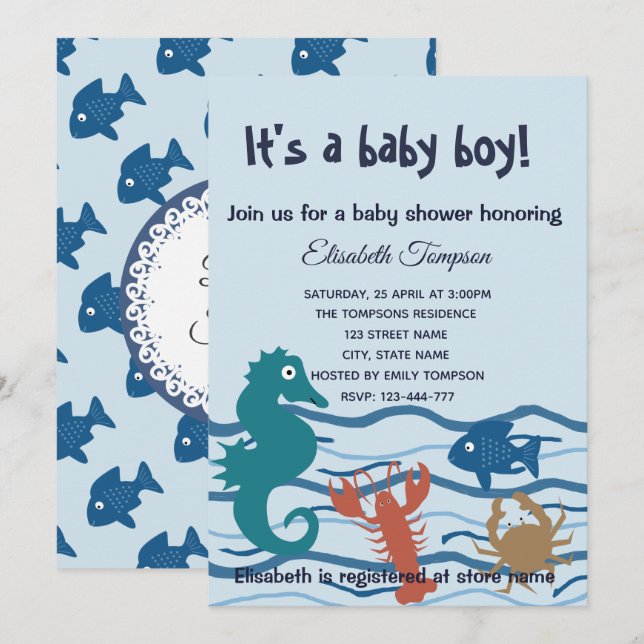 Invitation Baby shower garçon du monde océanique (Devant / Derrière)