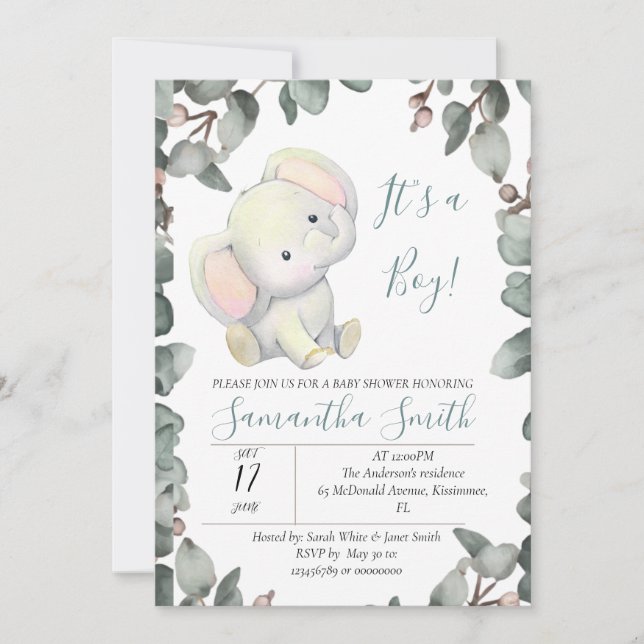 Invitation Baby shower garçon Eléphant Eucalyptus Feuilles (Devant)