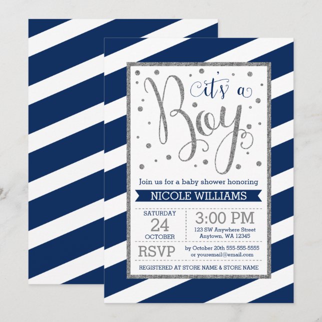 Invitation Baby shower Garçon en argent bleu marine (Devant / Derrière)
