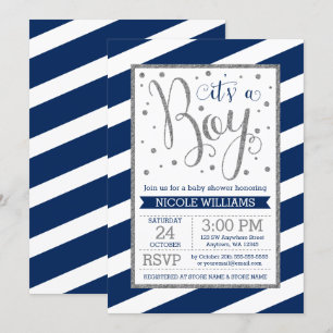 Invitation Baby shower Garçon en argent bleu marine