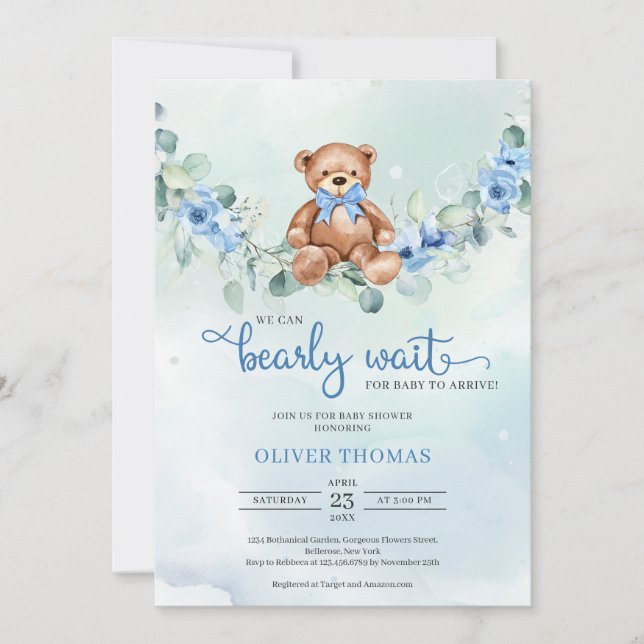 Invitation Baby shower Garçon Eucalyptus de l'ours en peluche (Devant)