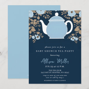 Invitation Baby Shower Garçon Fête de Thé Floral Bleu