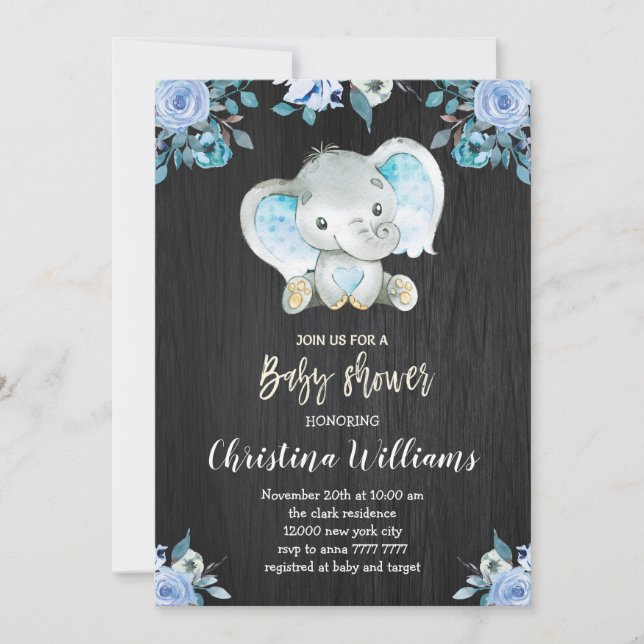 Invitation Baby shower garçon Fleurs bleu rustique Elephant (Devant)