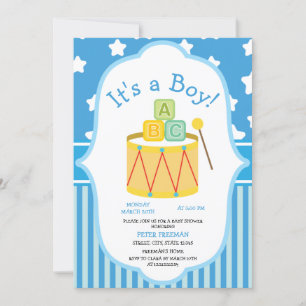 Invitation Baby shower garçon jouets bleu et blanc mignon