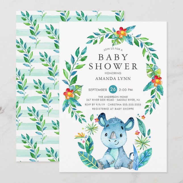 Invitation Baby shower garçon Jungle Blue Rhinoceros (Devant / Derrière)