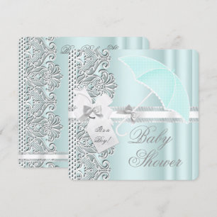 Invitation Baby Shower Garçon Menthe Bleu Gris Blanc Dentelle