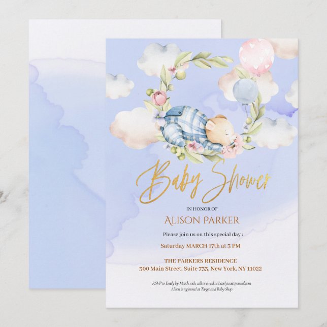 Invitation Baby shower garçon mignon de l'ours en peluche en  (Devant / Derrière)