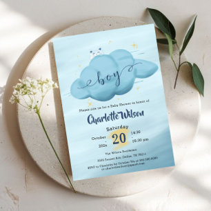 Invitation Baby Shower Garçon Nuage Aquarelle Mignon