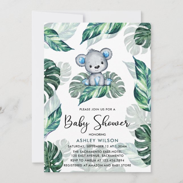 Invitation Baby shower Garçon ours d'aquarelle (Devant)