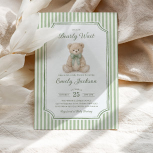 Invitation Baby-Shower Garçon Ours en Peluche Rayure Verte