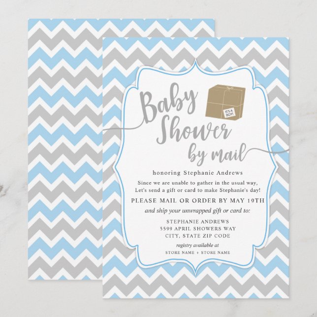 Invitation Baby shower garçon par courrier avec boîte d'expéd (Devant / Derrière)