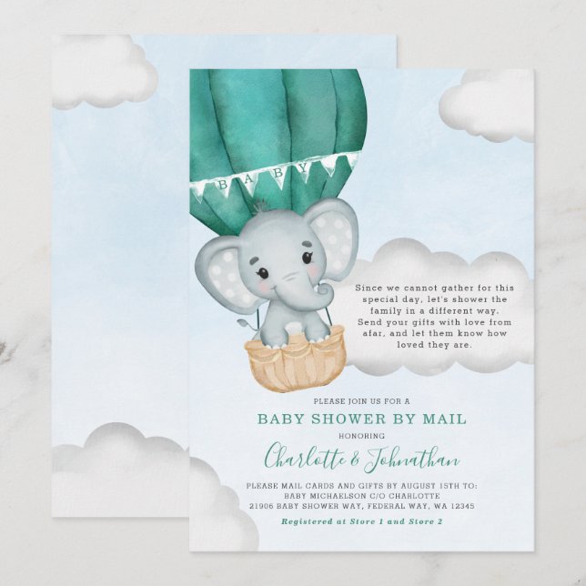 Invitation Baby shower Garçon Par Mail Elephant Turquoise (Devant / Derrière)