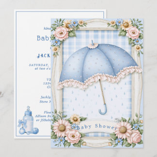 Invitation Baby Shower Garçon Parapluie Bleu Gouttes de Pluie