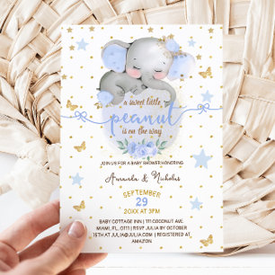 Invitation Baby Shower Garçon Pastel Bleu Éléphant Botanique