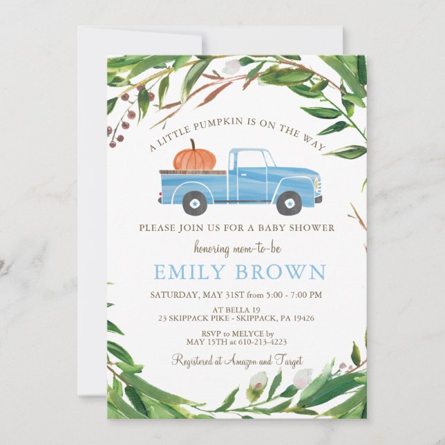 Invitation  Baby SHOWER garçon Petit CITROUILLE Camion Bleu (Devant)