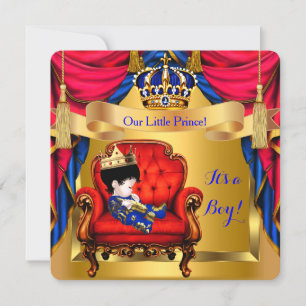 Invitation Baby Shower Garçon Prince Bleu Royal Rouge Or C