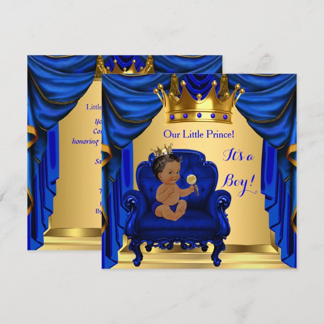 Invitation Baby shower garçon Prince Royal Blue Gold Dark Ski (Devant / Derrière)