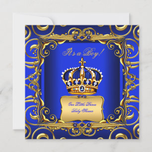 Invitation Baby shower Garçon Royal Blue Damask Gold Crown 2