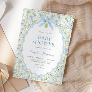 Invitation Baby Shower Garçon Ruban Bleu Floral Vintage 