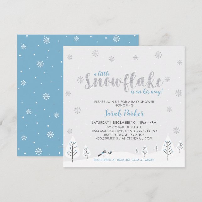 Invitation Baby shower Garçon Silver & Blue Winter Wonderland (Devant / Derrière)