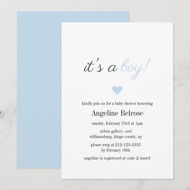 Invitation Baby Shower Garçon Simple Élégant Bleu (Devant / Derrière)