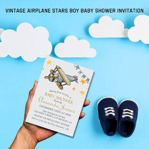 Invitation Baby shower garçon Stars d'avion vintage