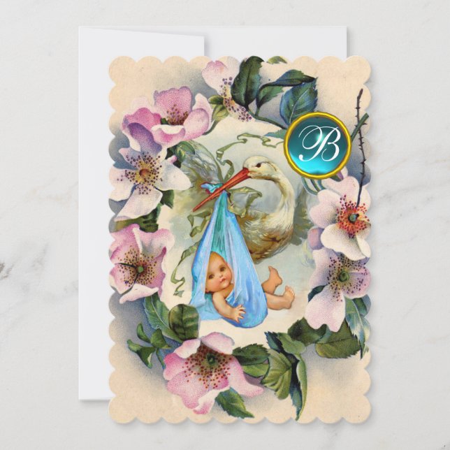 INVITATION BABY SHOWER GARÇON STORK, MONOGRAM ROSE SAUVAGE RO (Devant)