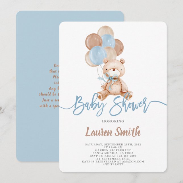 Invitation Baby shower Garçon Teddy Bear (Devant / Derrière)