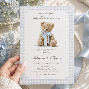 Invitation Baby Shower Garçon Tissu Vichy Bleu Ours