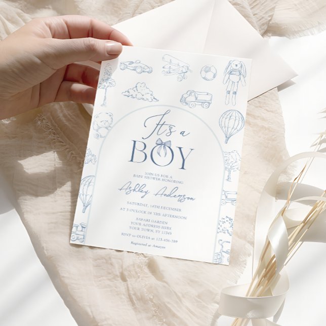 Invitation Baby shower Garçon Toile De Jouy Blue Nursery (Créateur téléchargé)