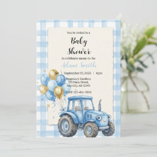 Invitation Baby Shower Garçon Tracteur Bleu Ferme
