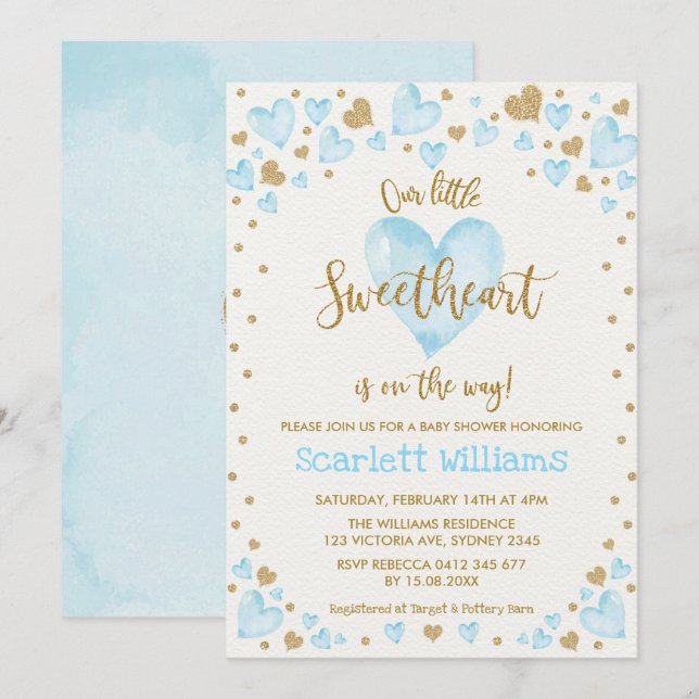 Invitation Baby shower garçon Valentines Gold bleu (Devant / Derrière)