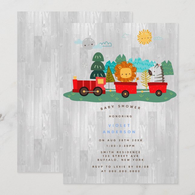 Invitation Baby shower Garçon Wilderness Train Rouge (Devant / Derrière)