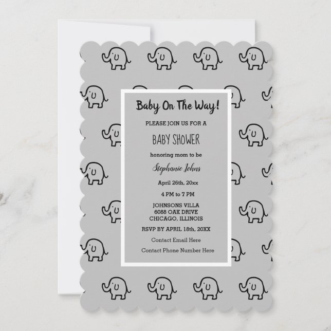 Invitation Baby shower Garçons Filles Éléphant Motif gris mou (Devant)