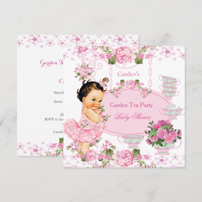 Invitation Baby shower Garden Tea Party dentelle rose Brunett (Devant / Derrière)