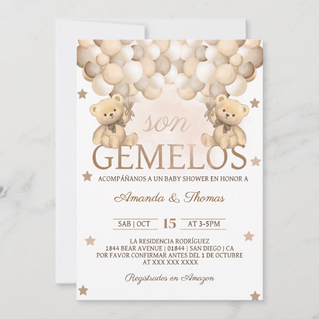 Invitation Baby shower Gemelos espagnol Bear Twins (Devant)