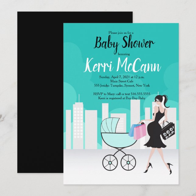 Invitation Baby shower générique d'une femme de mode de ville (Devant / Derrière)