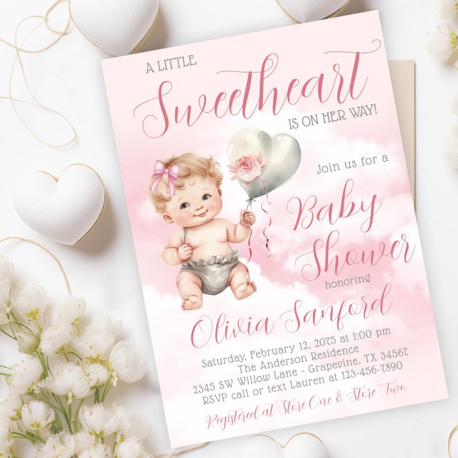 Invitation Baby shower gentil et amoureux (Adorable little sweetheart baby shower invitation with cute baby girl with heart balloon and clouds.)