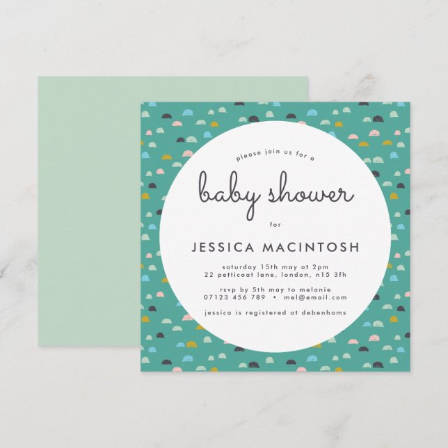 Invitation Baby shower géométrique Carré vert (Devant / Derrière)