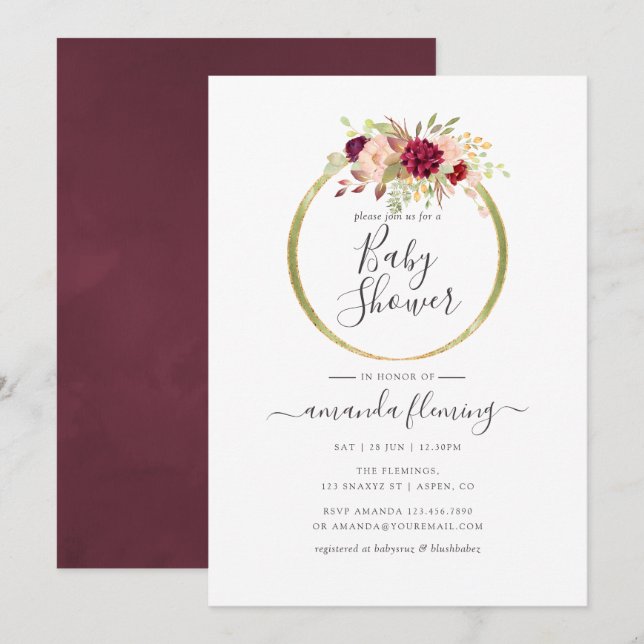 Invitation Baby shower géométrique de Boho bordeaux et bleu (Devant / Derrière)