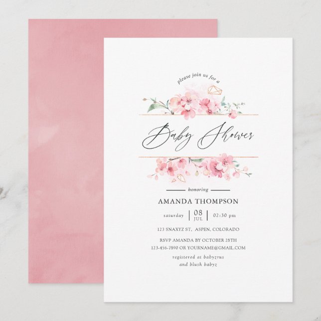 Invitation Baby shower géométrique en fleurs de cerisier rose (Devant / Derrière)