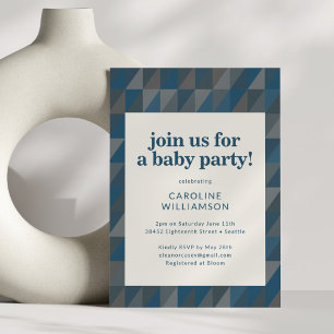 Invitation Baby Shower Géométrique Gris Bleu Marine Rétro