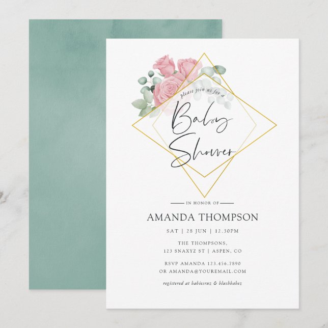 Invitation Baby shower géométrique Rose Eucalyptus aquarelle (Devant / Derrière)