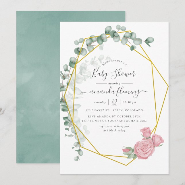 Invitation Baby shower géométrique Rose Eucalyptus aquarelle (Devant / Derrière)