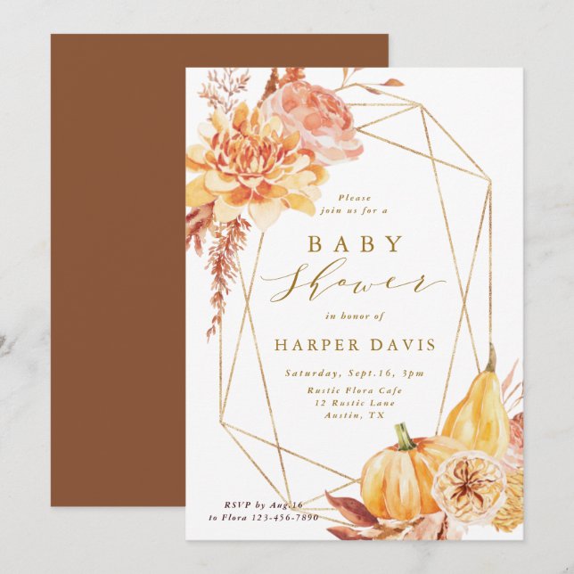 Invitation Baby shower géométrique Rustic Fall Floral Gold (Devant / Derrière)