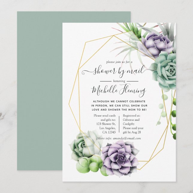Invitation Baby shower géométrique Succulent par courrier (Devant / Derrière)